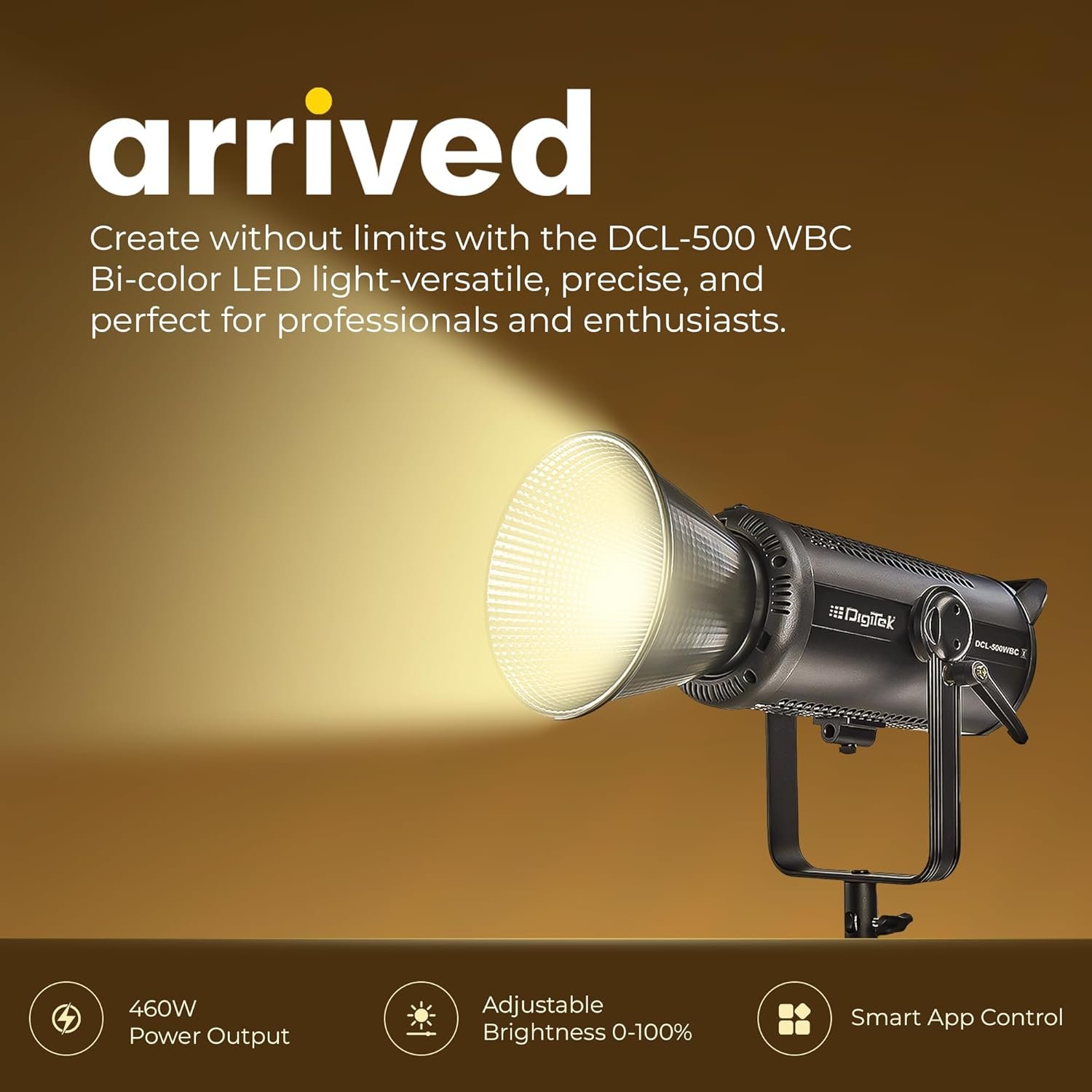 Digitek® (DCL-500 WBC) 460W Bi-Color Continuous LED Video Light with 18cm Reflector, 2700K-6500K Color Temp, 42000 LM, Flash Speed 1-9s, 12 Special FX Effects, App Control, Ideal Studio Lighting