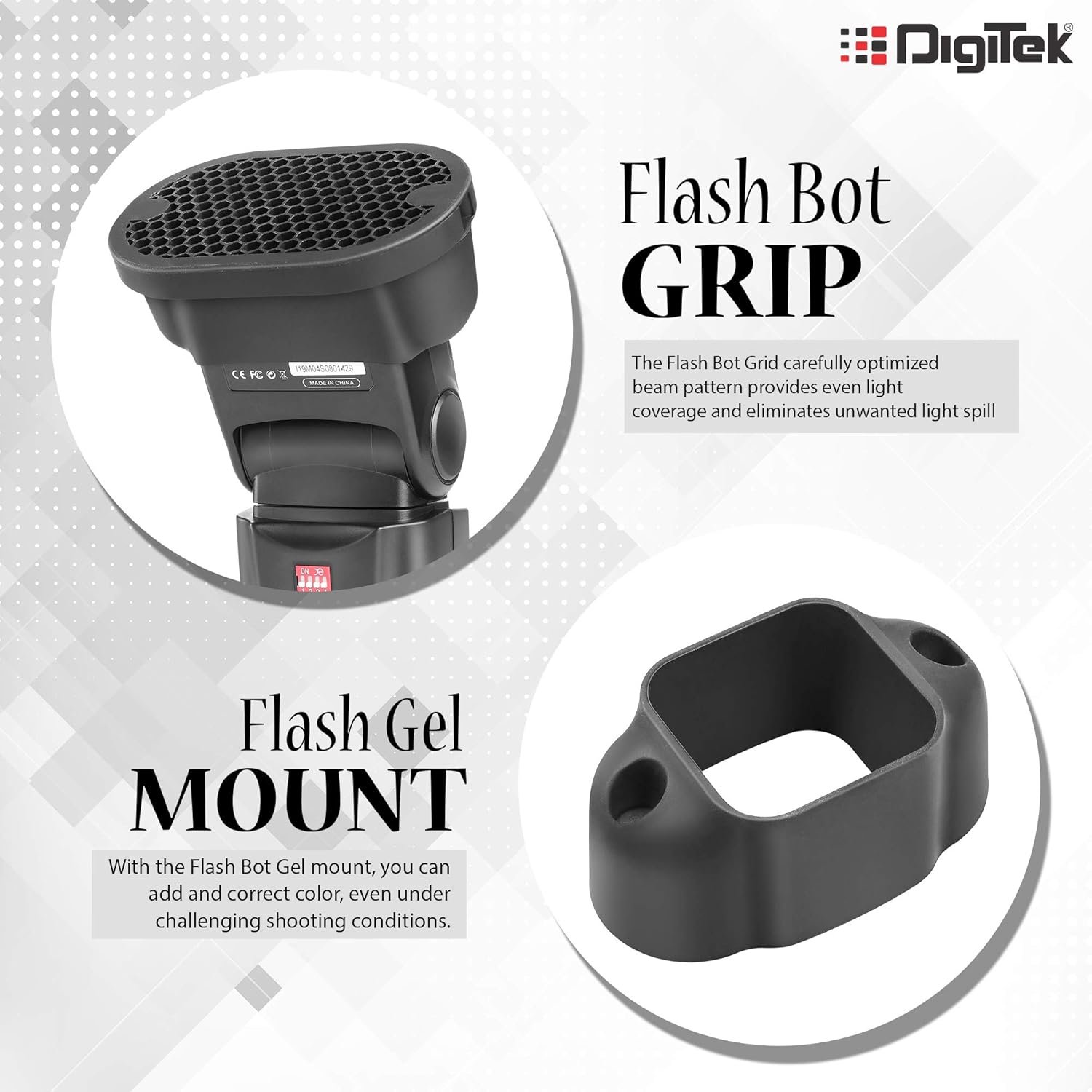 DIGITEK DFB-002 Professional Speedlight Flash Bot & Modifier Kit with Diffuser, Sphere, Grid, Grip, Gel Mount, 8 Creative Gels & Wallet – Photography Lighting Accessory, Magmod Alternative