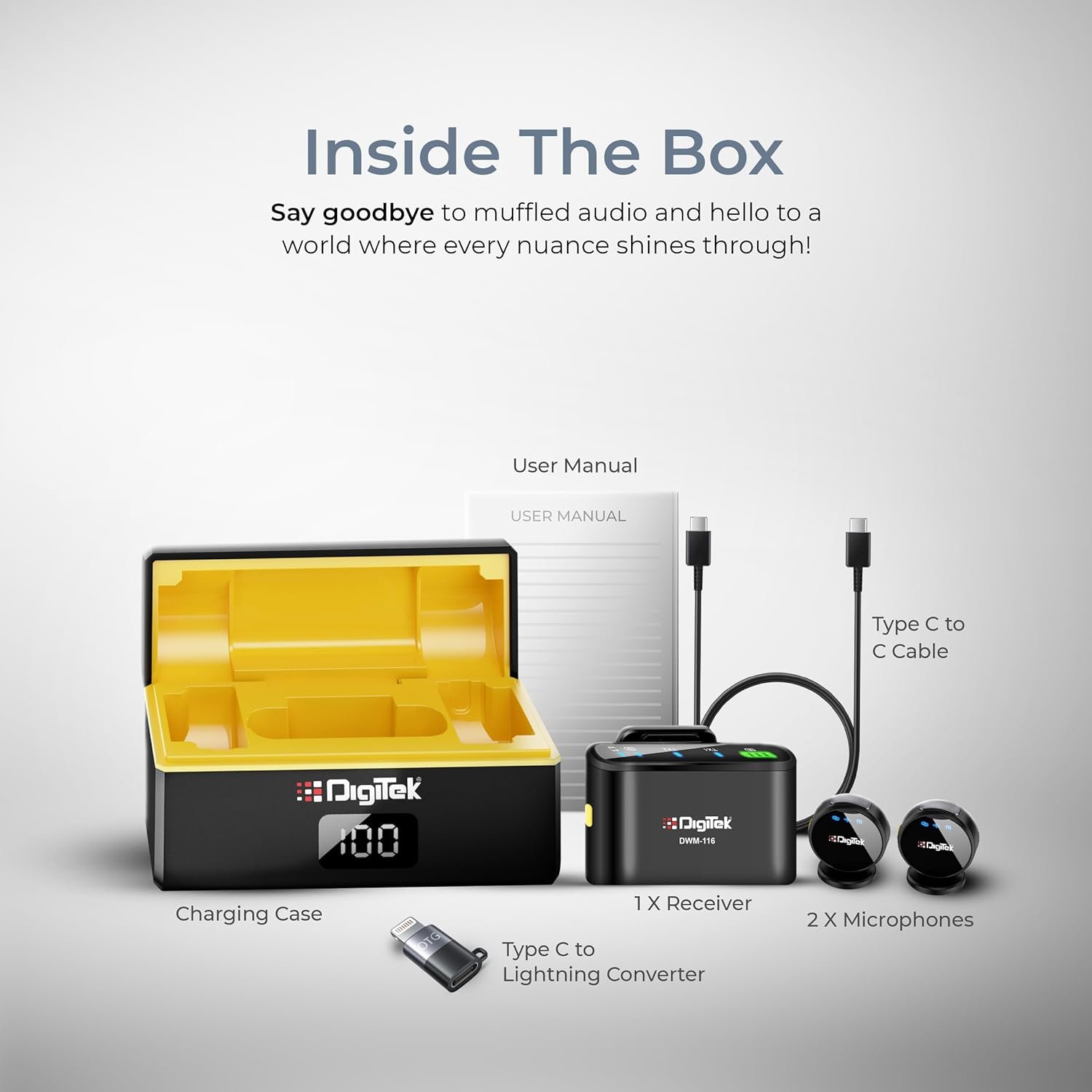 DIGITEK® DWM-116 2-in-1 Wireless Microphone, 2.4GHz, Magnetic Collar Clip, 360° Sound Capture, 40m Range, 6Hr Battery, Type C-to-C & C to LTC, DSLR, iOS & Android Compatible, for Interviews & Vlogging