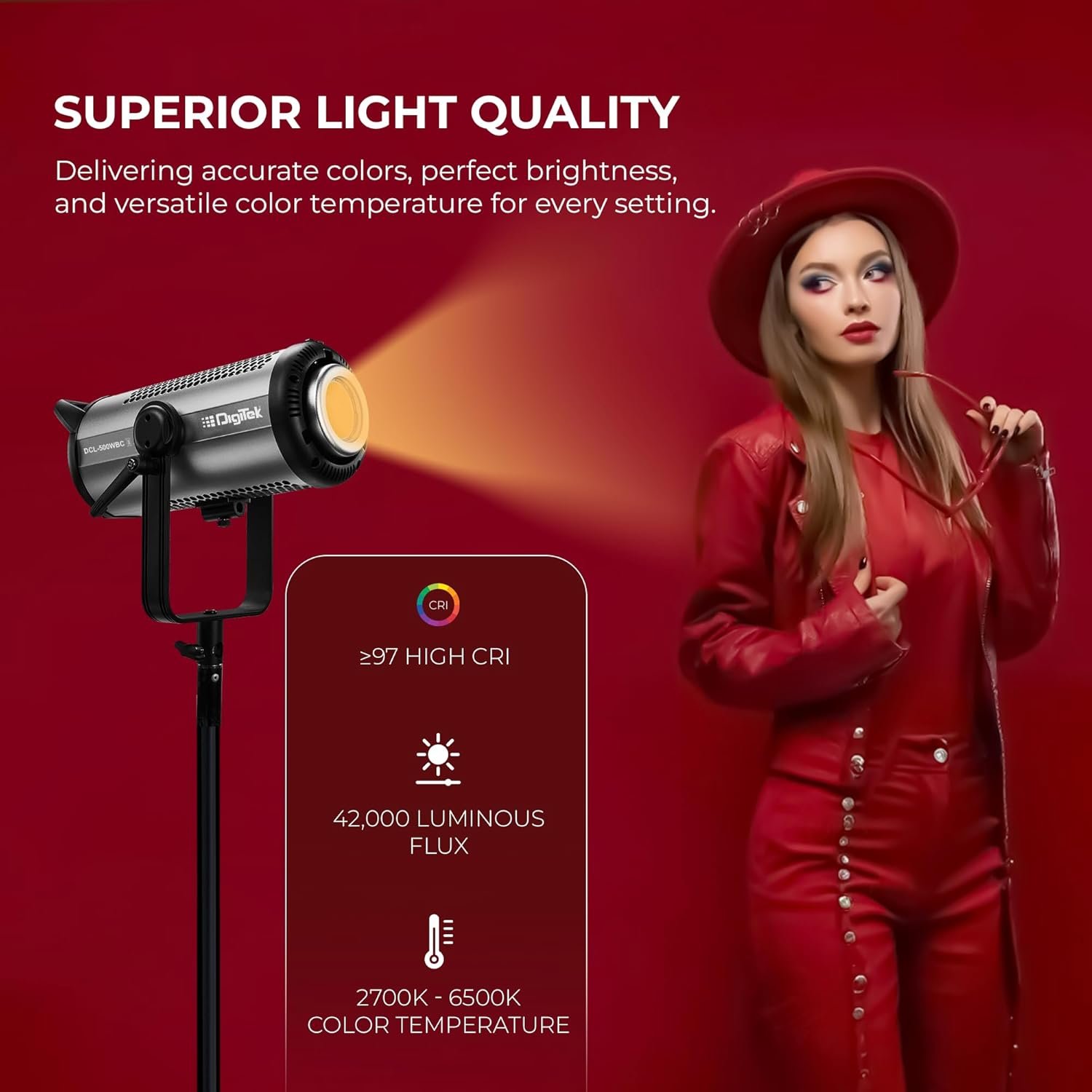 Digitek® (DCL-500 WBC) 460W Bi-Color Continuous LED Video Light with 18cm Reflector, 2700K-6500K Color Temp, 42000 LM, Flash Speed 1-9s, 12 Special FX Effects, App Control, Ideal Studio Lighting