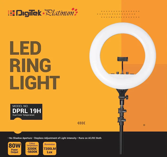Digitek Platinum (DPRL-19H) Professional LED Ring Light Runs on AC/DC Power with No Shadow apertures, Ideal use for Makeup, Video Shoot, Fashion Photography & Many More