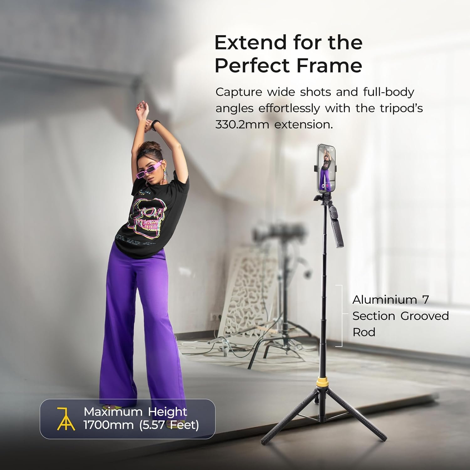 DIGITEK® (DTR-555 SS) 5.57ft Foldable Tripod Selfie Stick for Smartphones & Gopro Action Cameras, 360° Rotation, 3-Leg Base, 2Kg Load, 10m Wireless Remote, 7 Section Adjustable, for Selfie & Vloggers