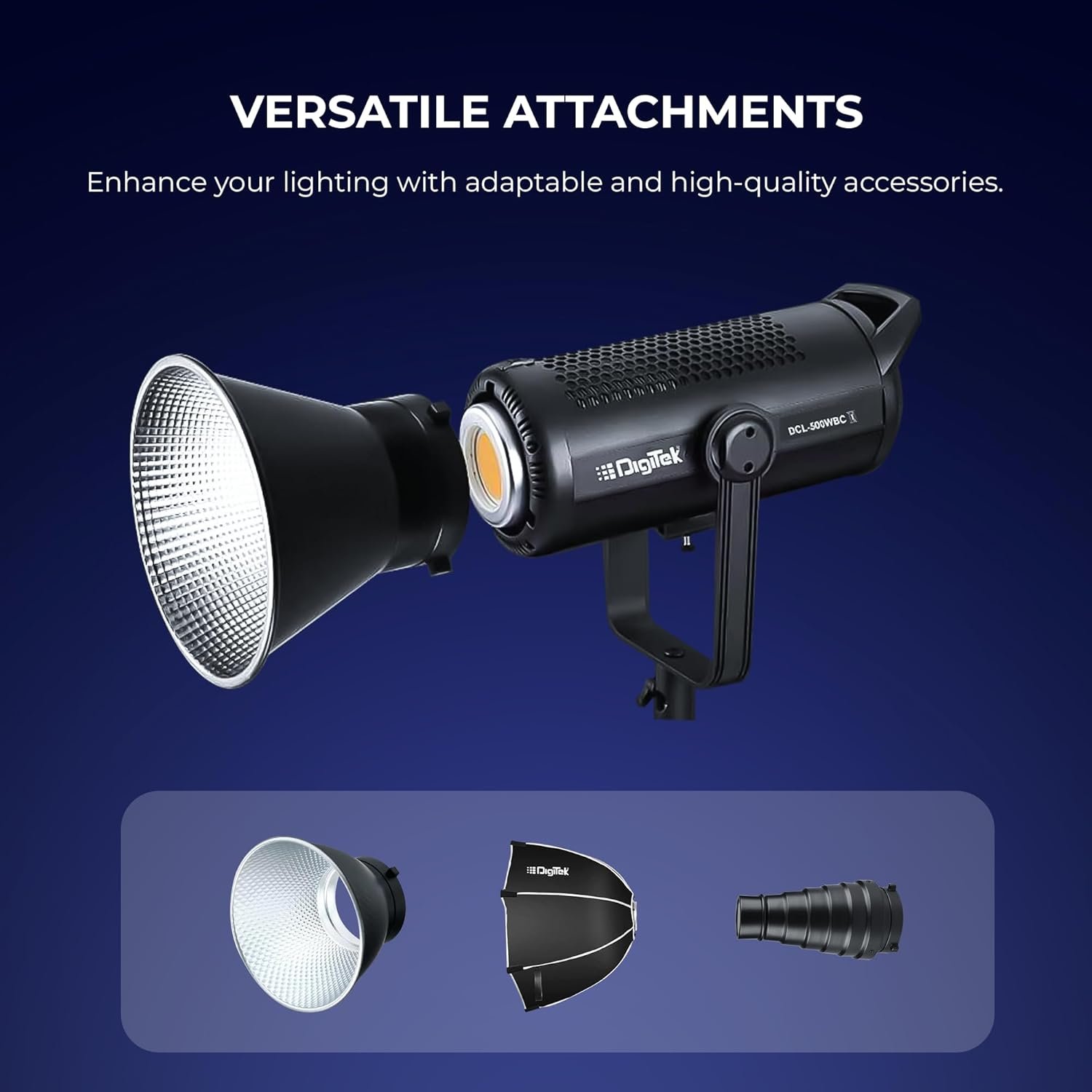 Digitek® (DCL-500 WBC) 460W Bi-Color Continuous LED Video Light with 18cm Reflector, 2700K-6500K Color Temp, 42000 LM, Flash Speed 1-9s, 12 Special FX Effects, App Control, Ideal Studio Lighting