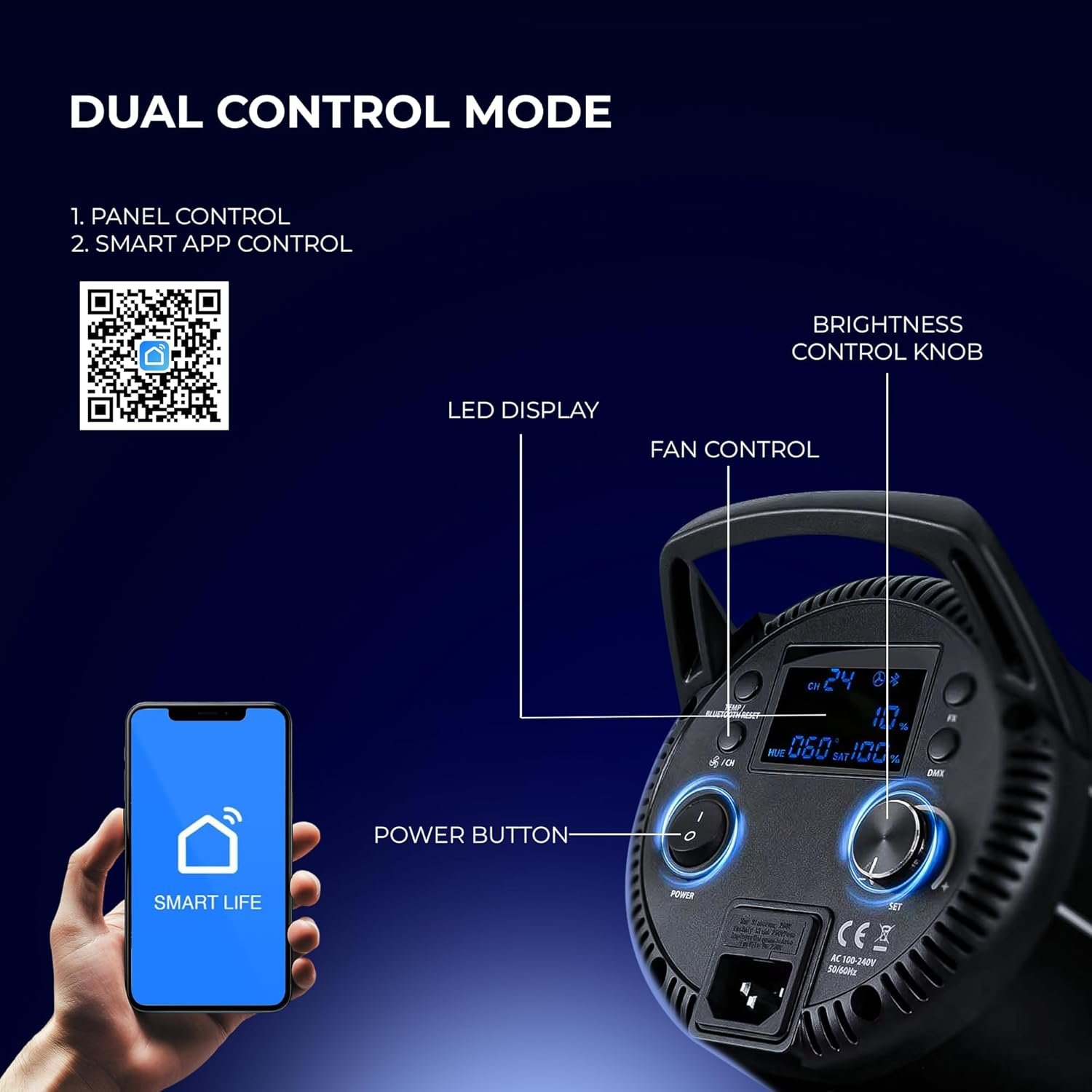 Digitek® (DCL-500 WBC) 460W Bi-Color Continuous LED Video Light with 18cm Reflector, 2700K-6500K Color Temp, 42000 LM, Flash Speed 1-9s, 12 Special FX Effects, App Control, Ideal Studio Lighting