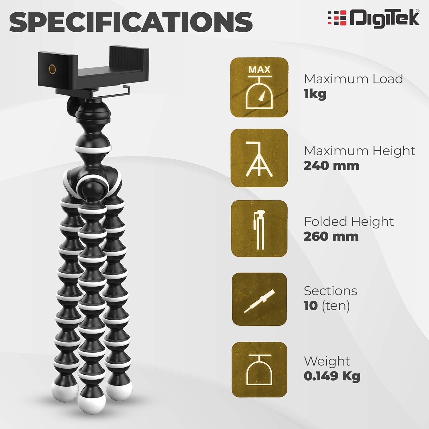 DIGITEK® (DTR 260 GT) Gorilla Tripod/Mini 33 CM (13 Inch) Tripod for Mobile Phone with Phone Mount & Remote, Flexible Gorilla Stand for Point and Shoot & Action Cameras